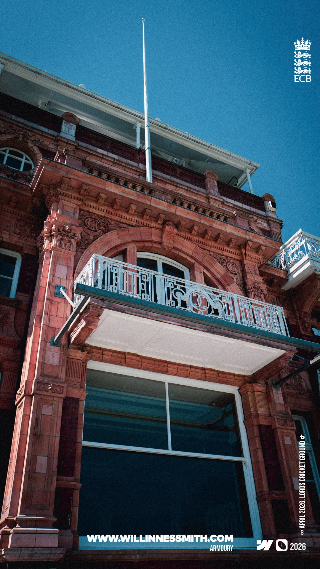 Red-brick Lord's Pavilion balcony seen from below