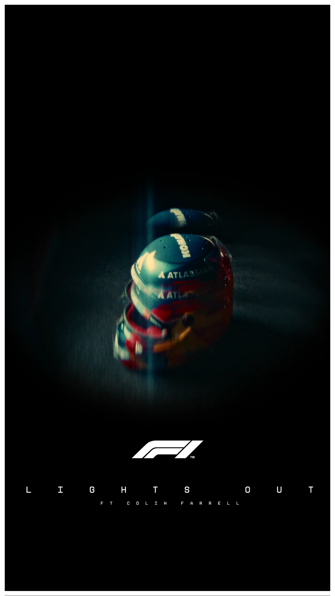 Two race helmets in a row, caught in a single shaft of light · Lights Out, F1