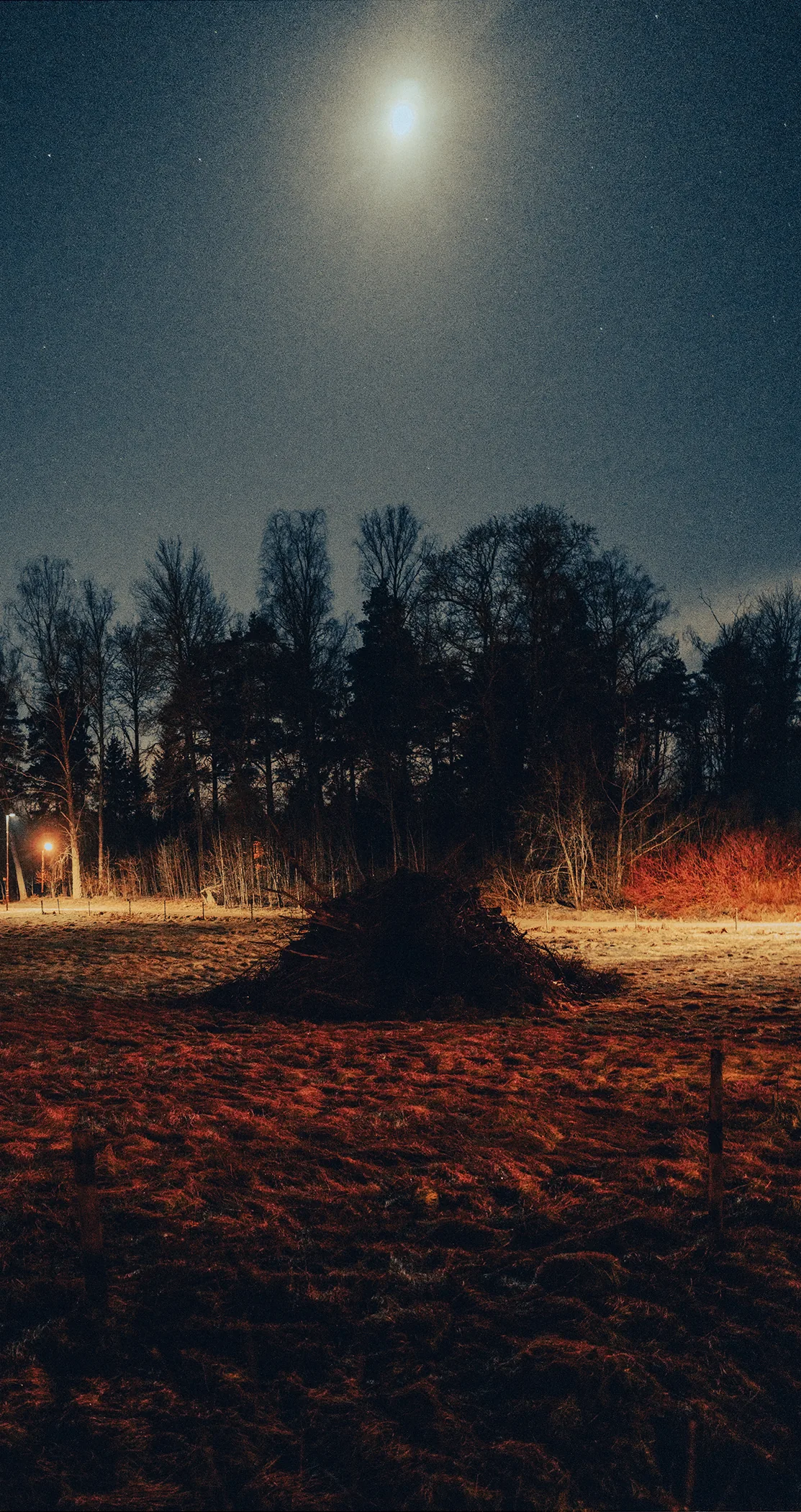Moon over a treeline with a glowing fire below, Sweden
